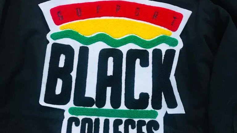 4 color chenille patch on jacket says support black colleges